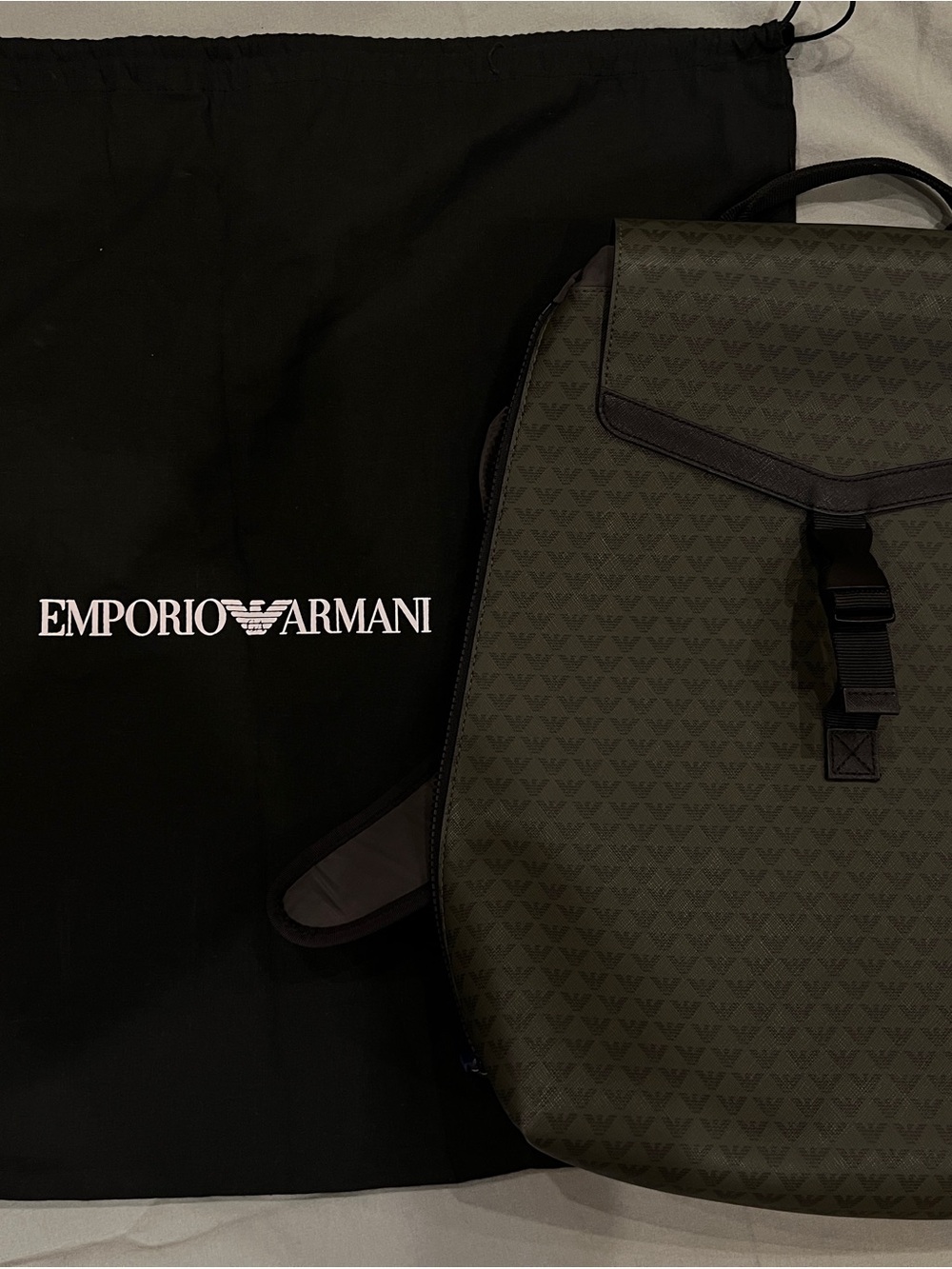 Emporio Armani Olive Logo-Print Backpack with Black Trim